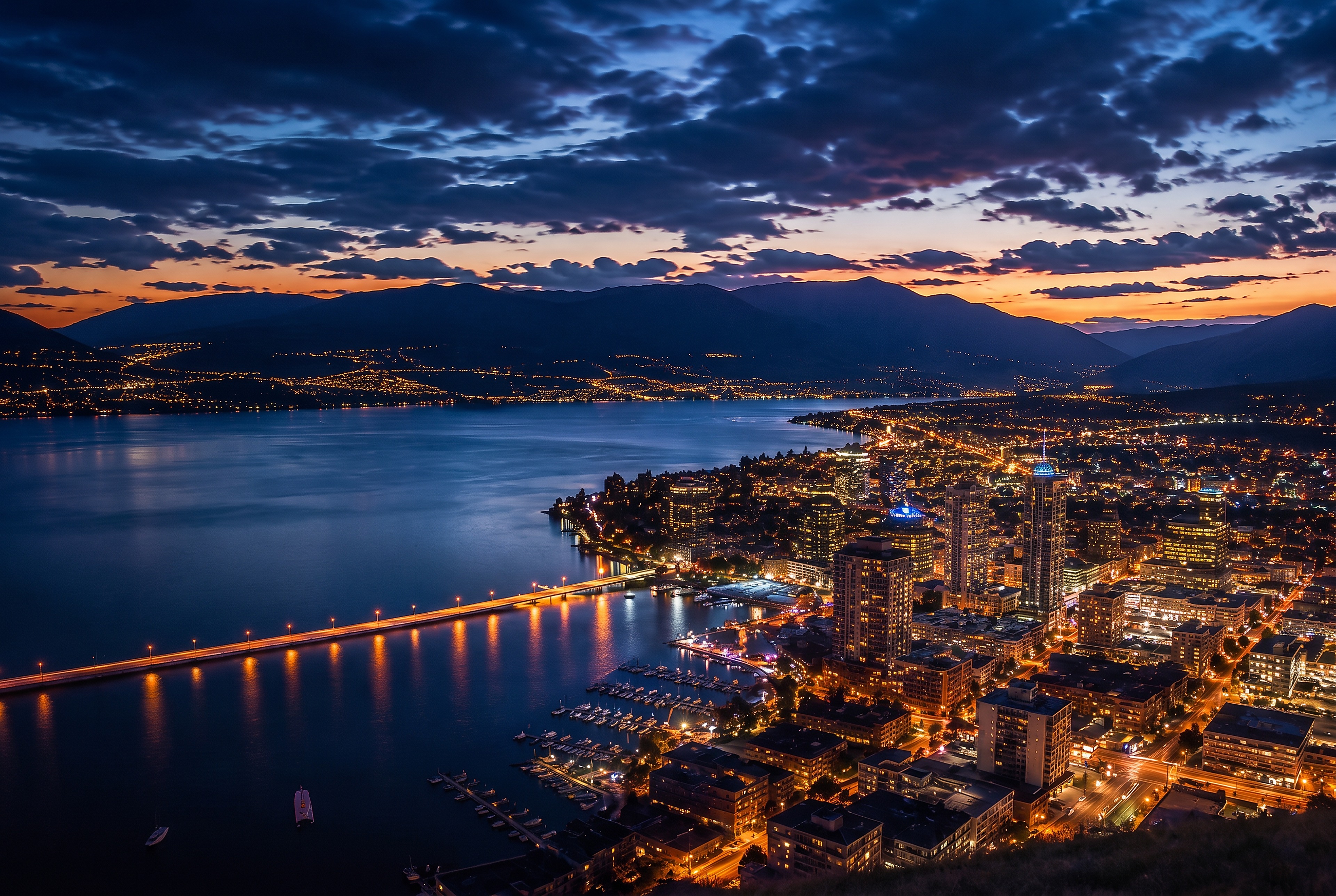 Kelowna, British Columbia at night overlooking Okanagan Lake
