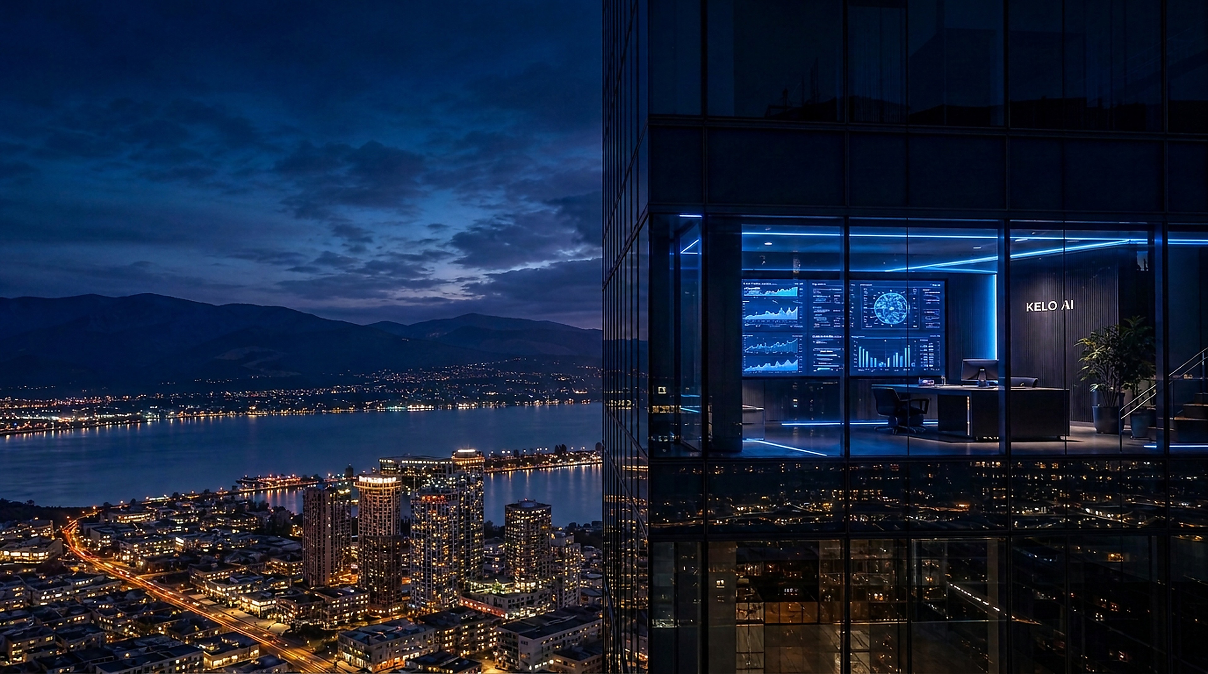 Kelo AI office above the Kelowna waterfront at night